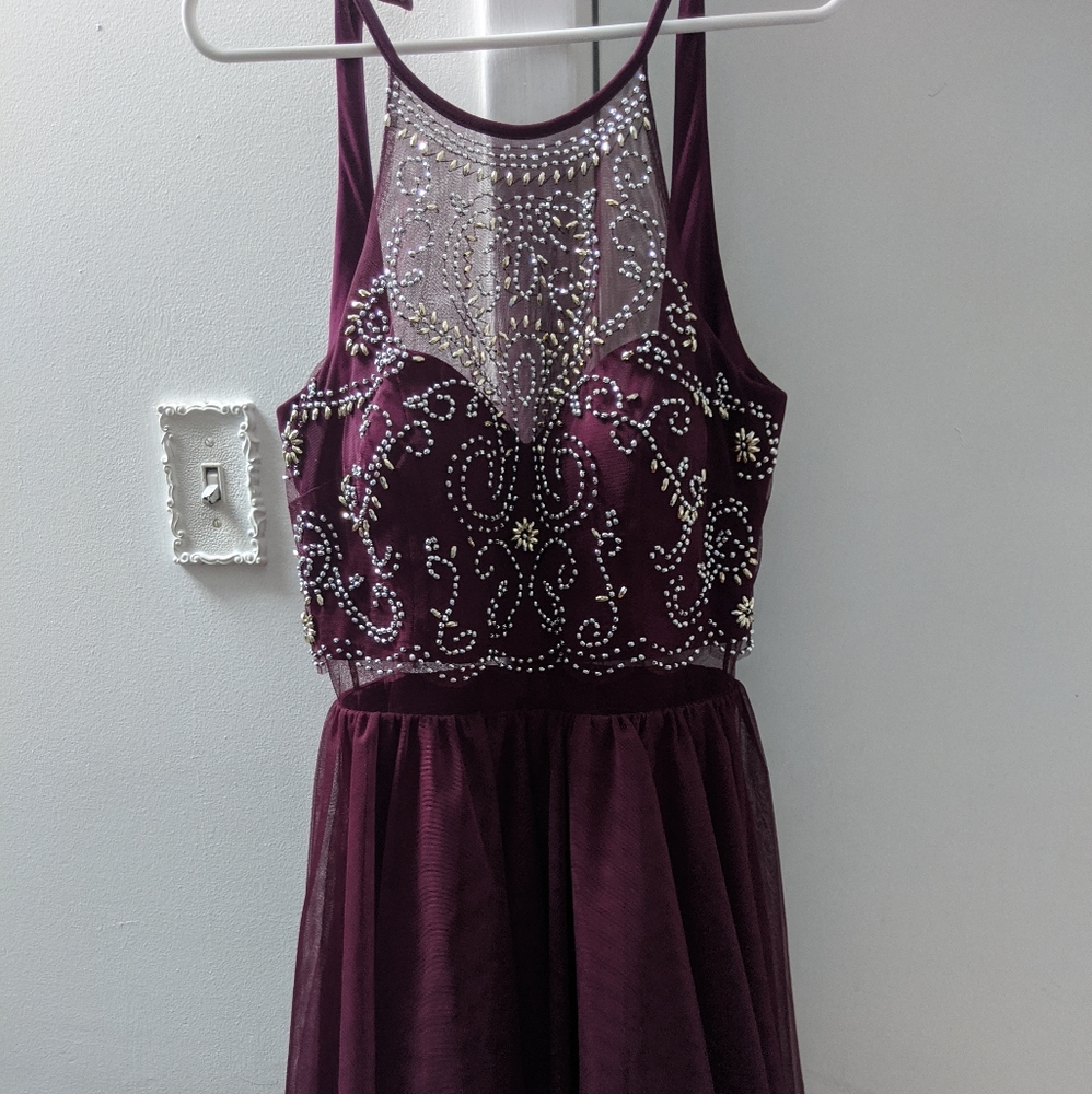 Maroon Rhinstone and Mesh Detailed Dress